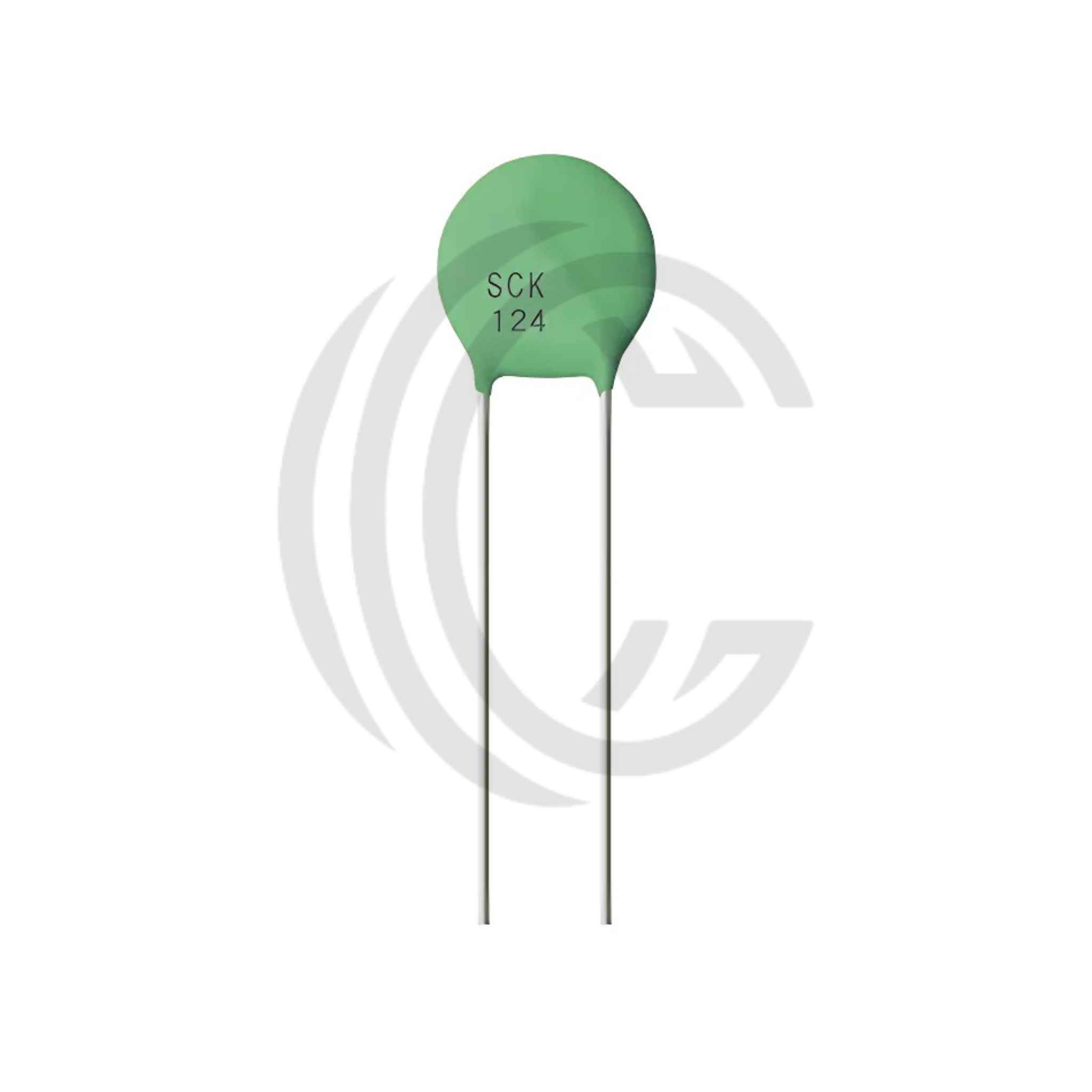 Green disc ceramic capacitor electronic component with leads from The Component Centre SCK13055
