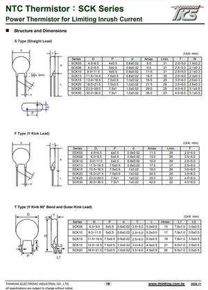 Technical diagram showing structure and dimensions of SCK13055 NTC thermistor from The Component Centre