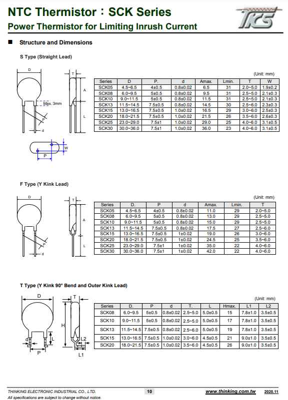 Technical diagram showing structure and dimensions of SCK13055 NTC thermistor from The Component Centre