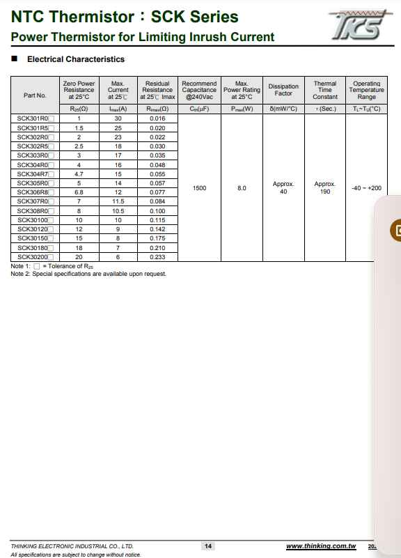 Technical specification table for SCK13055 NTC thermistor from The Component Centre showing electrical characteristics