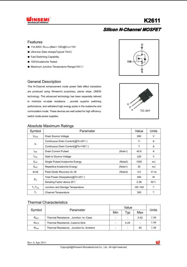 2SK2611 N-channel MOSFET semiconductor component datasheet from The Component Centre