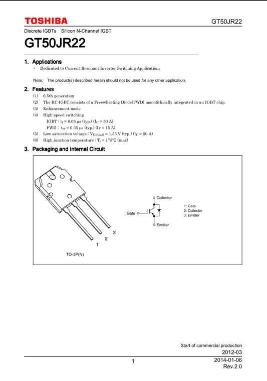 Toshiba GT50JR22 silicon N-channel IGBT discrete transistor datasheet with features and pin configuration