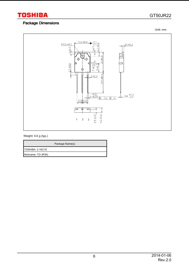 Technical drawing and package dimensions of Toshiba GT50JR22 electronic component with measurements