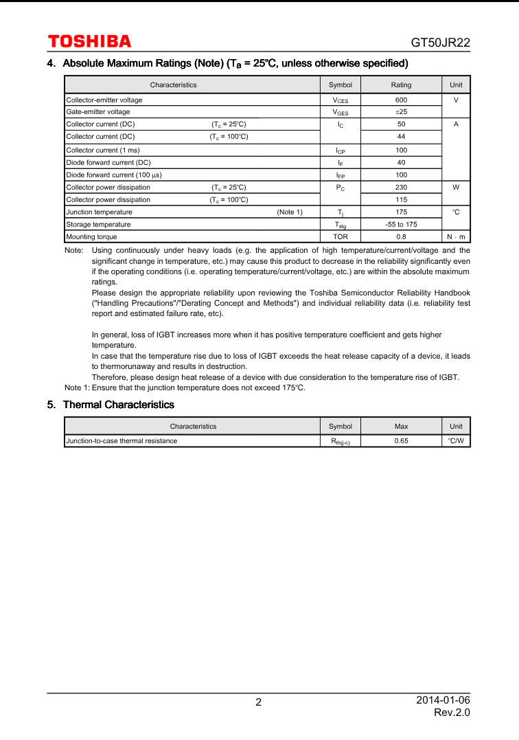 Toshiba GT50JR22 semiconductor component technical specifications datasheet page with ratings and thermal characteristics