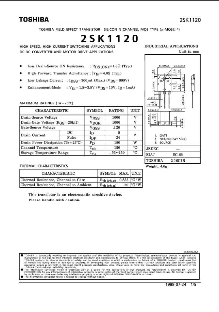 Toshiba K1120 silicon N-channel MOS field effect transistor datasheet with electrical specifications and pin configuration