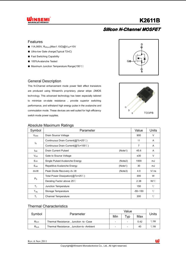 K2611 silicon n-channel MOSFET datasheet from The Component Centre showing features and thermal characteristics