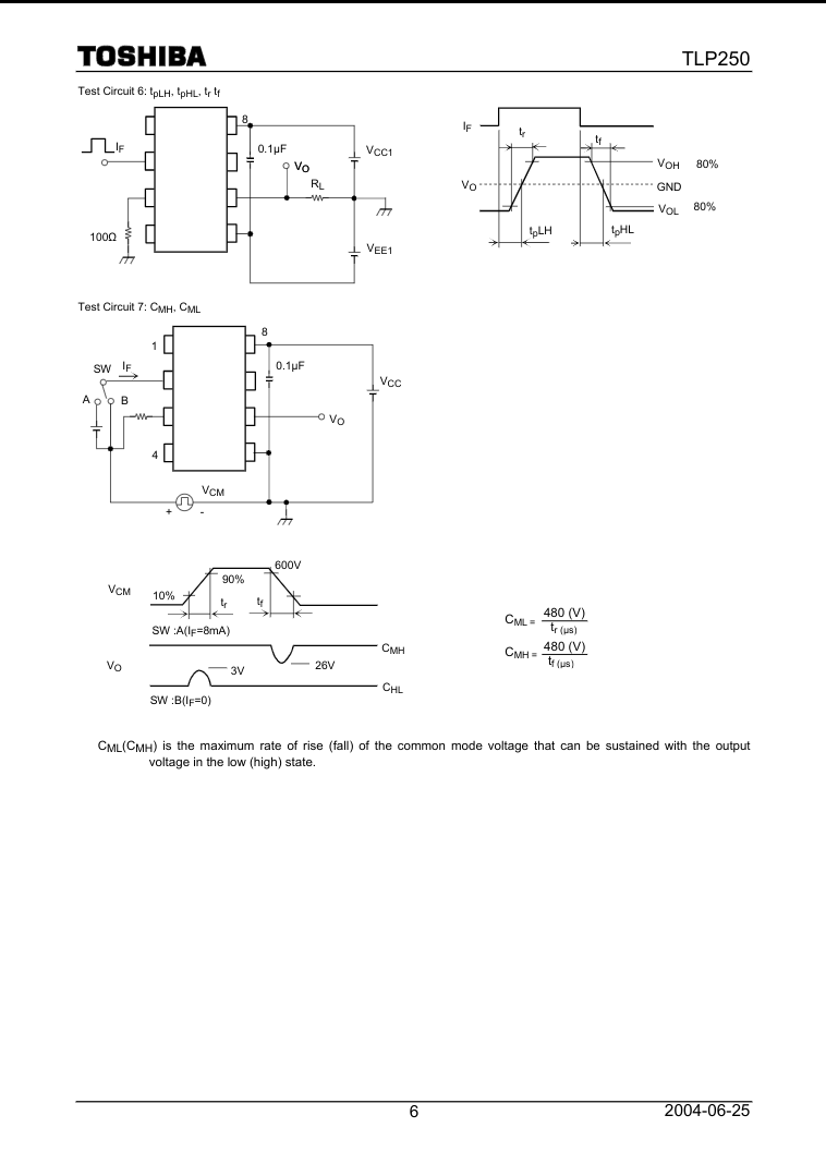 Toshiba TLP250 electronic component test circuit diagrams and voltage characteristic graphs