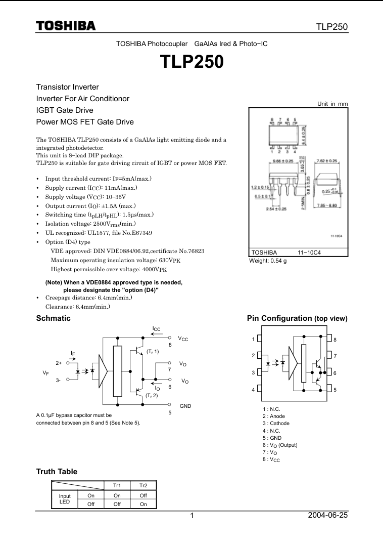 Toshiba TLP250 transistor inverter photocoupler datasheet with schematic and pin configuration