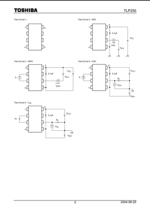 Toshiba TLP250 electronic component circuit diagrams showing pin configurations and test setups