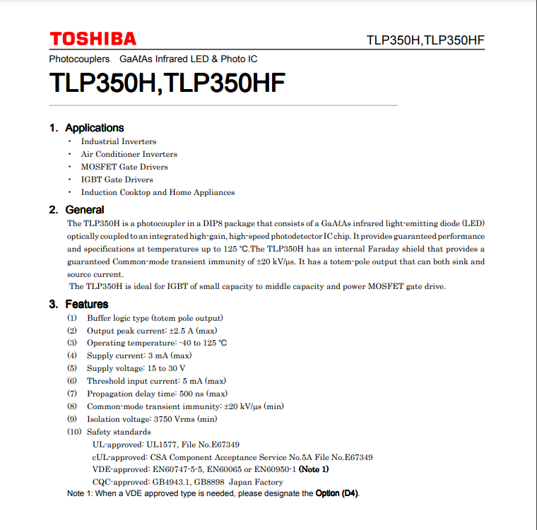 TLP350H Toshiba photocoupler datasheet showing applications and features for industrial and MOSFET gate drivers