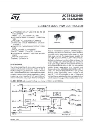UC3843 current mode PWM controller datasheet page by The Component Centre showing features and block diagram