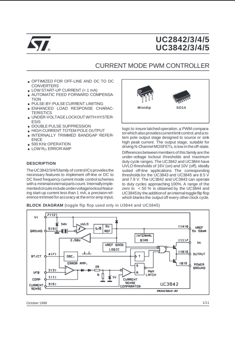 UC3843 current mode PWM controller datasheet page by The Component Centre showing features and block diagram