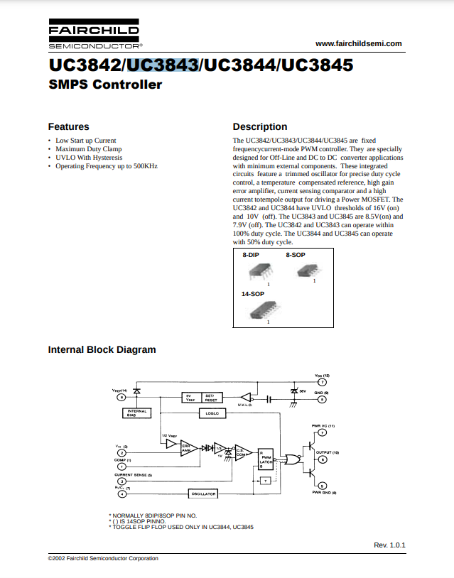 Fairchild Semiconductor UC3845BNG SMPS controller datasheet with features and internal block diagram