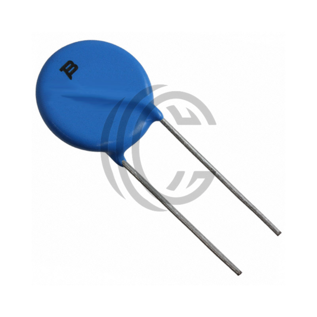 Blue disc capacitor with two metal leads 20D751K from The Component Centre