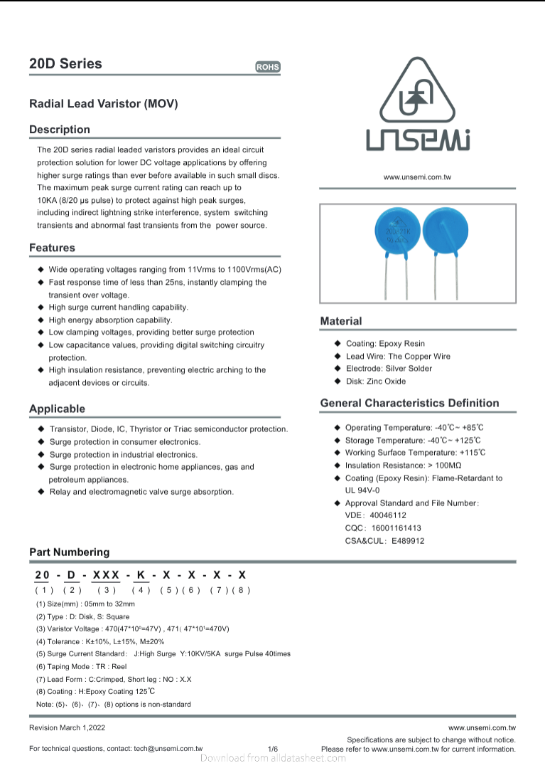 20D751K radial lead varistor from The Component Centre with high surge protection and epoxy resin coating
