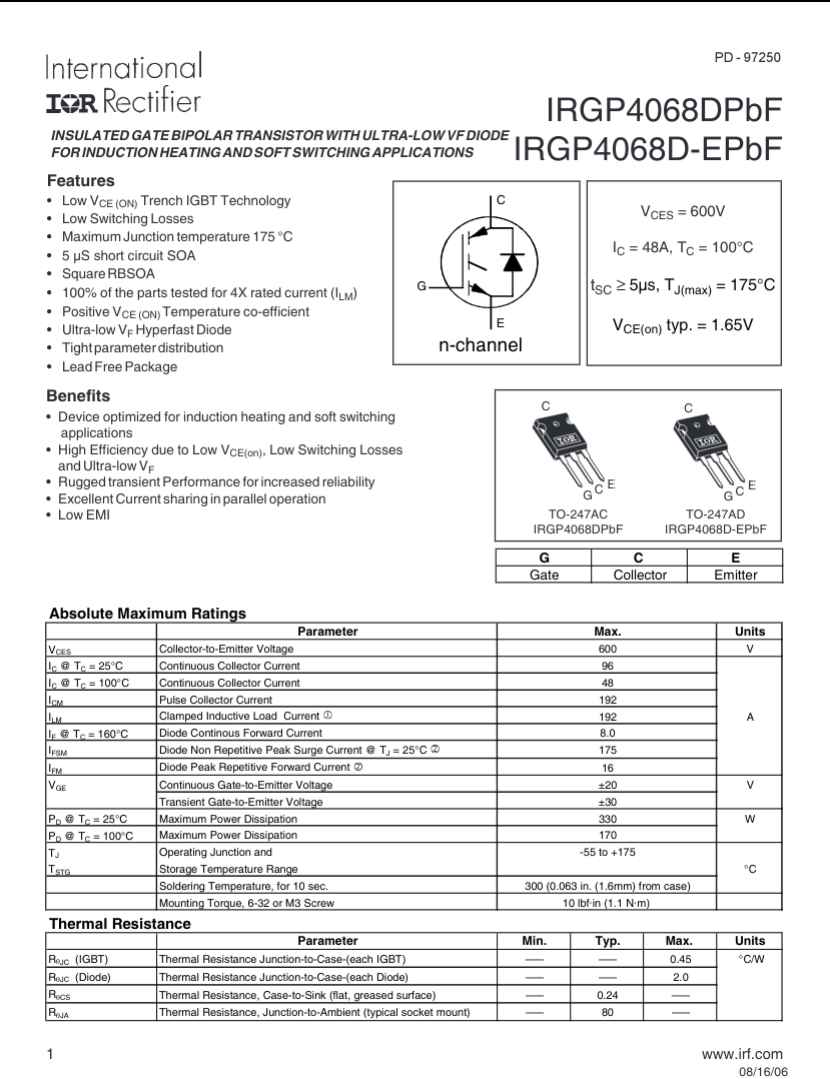 Technical datasheet for GP4068DPBF insulated gate bipolar transistor