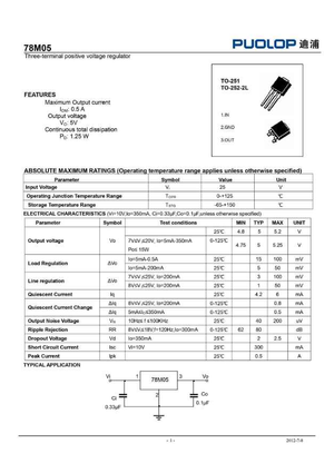 78M05 three-terminal positive voltage regulator with maximum output current 0.5A and continuous total dissipation 1.25W