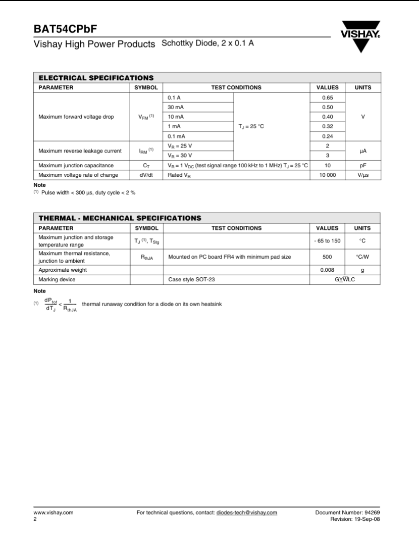 L43 Marking BAT54C Schottky diode electrical and thermal mechanical specifications datasheet