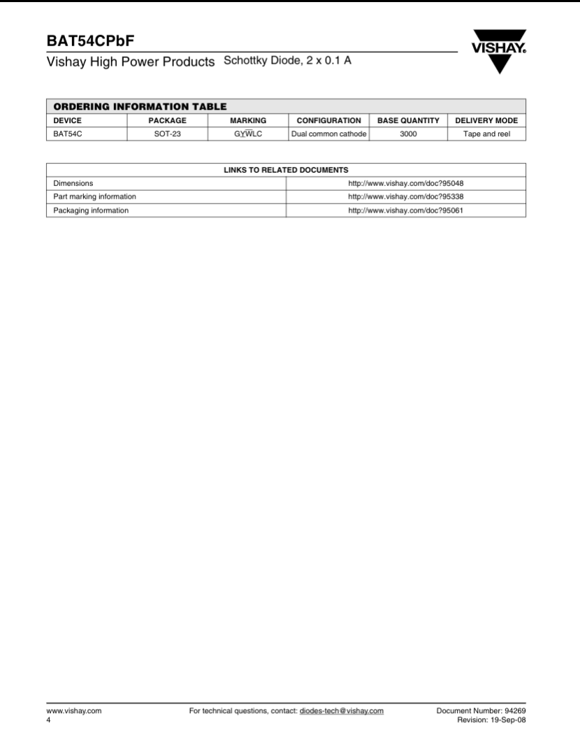 Vishay BAT54CpF Schottky Diode datasheet featuring L43 Marking BAT54C with package and ordering details