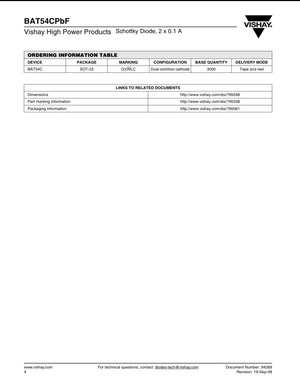 Vishay BAT54CpF Schottky Diode datasheet featuring L43 Marking BAT54C with package and ordering details