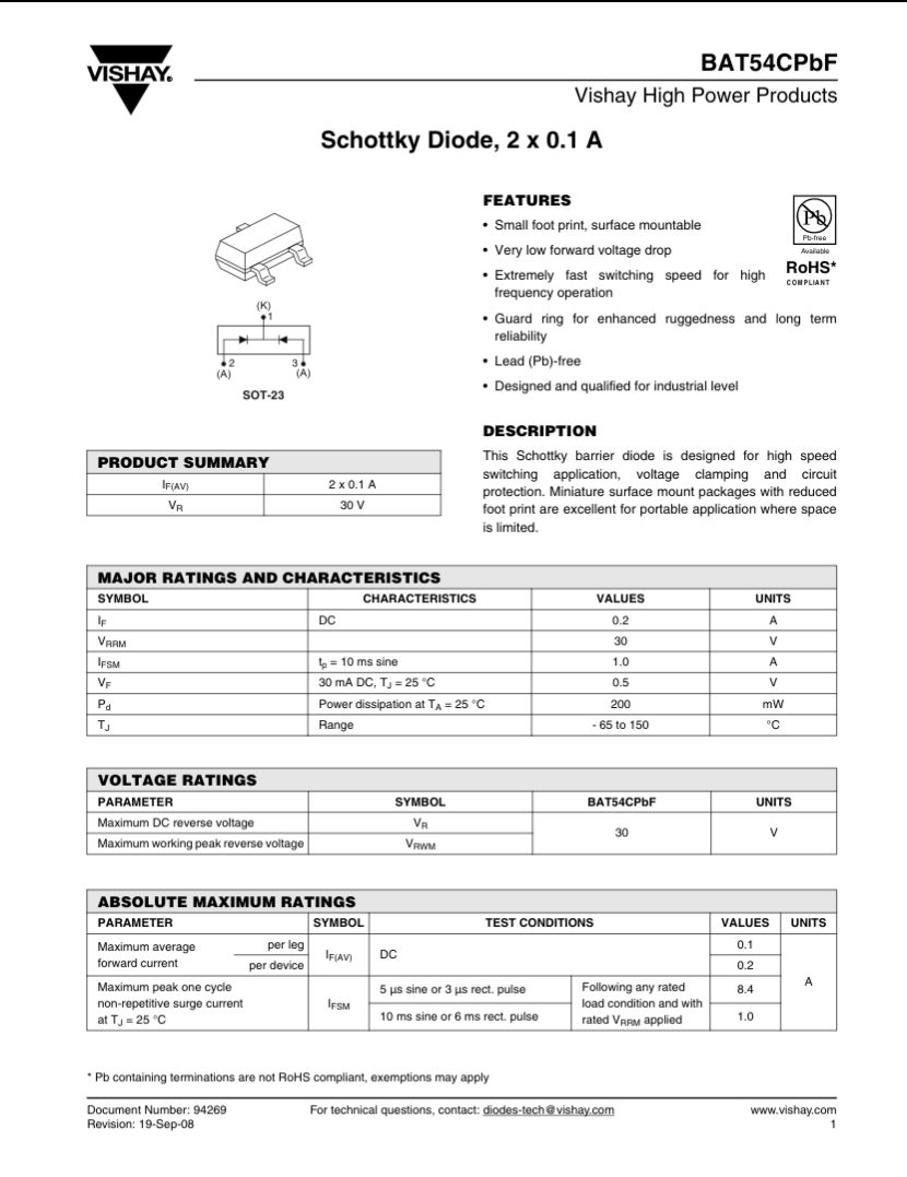 L43 Marking BAT54C Vishay Schottky Diode datasheet with voltage and current ratings