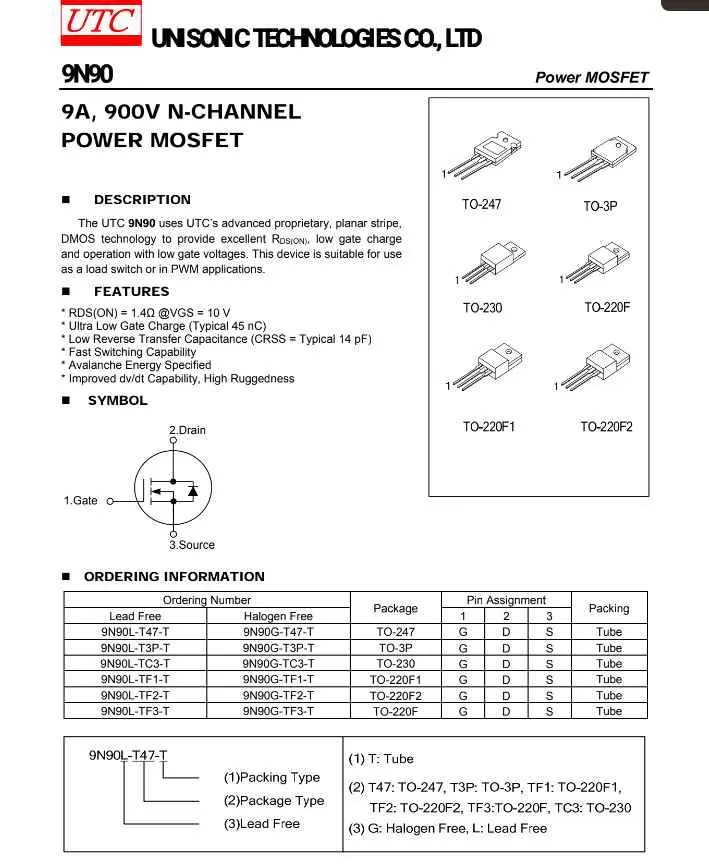 UNISONIC TECHNOLOGIES 9N90 power MOSFET datasheet showing specifications and package types