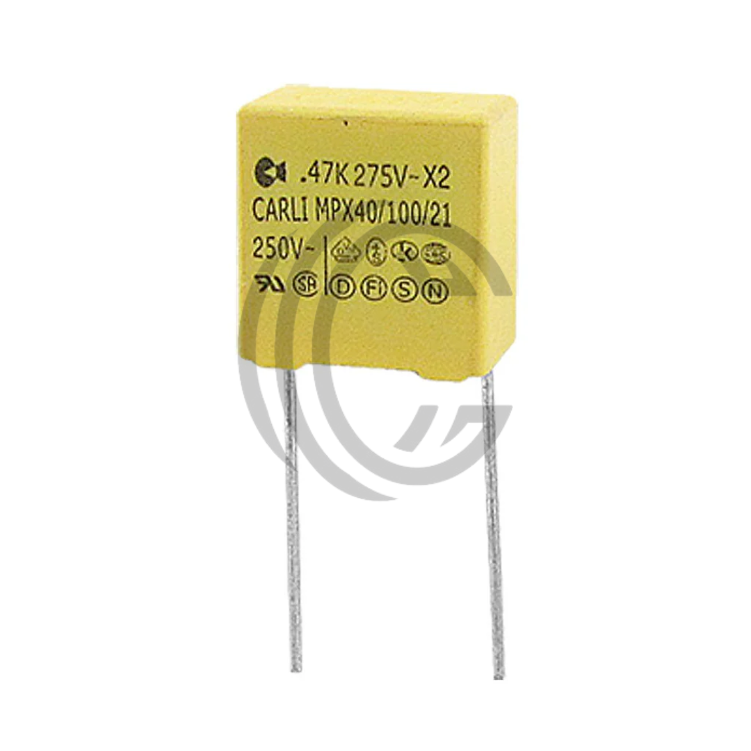 Yellow rectangular electronic capacitor with metal leads from The Component Centre 0.22uF 250V
